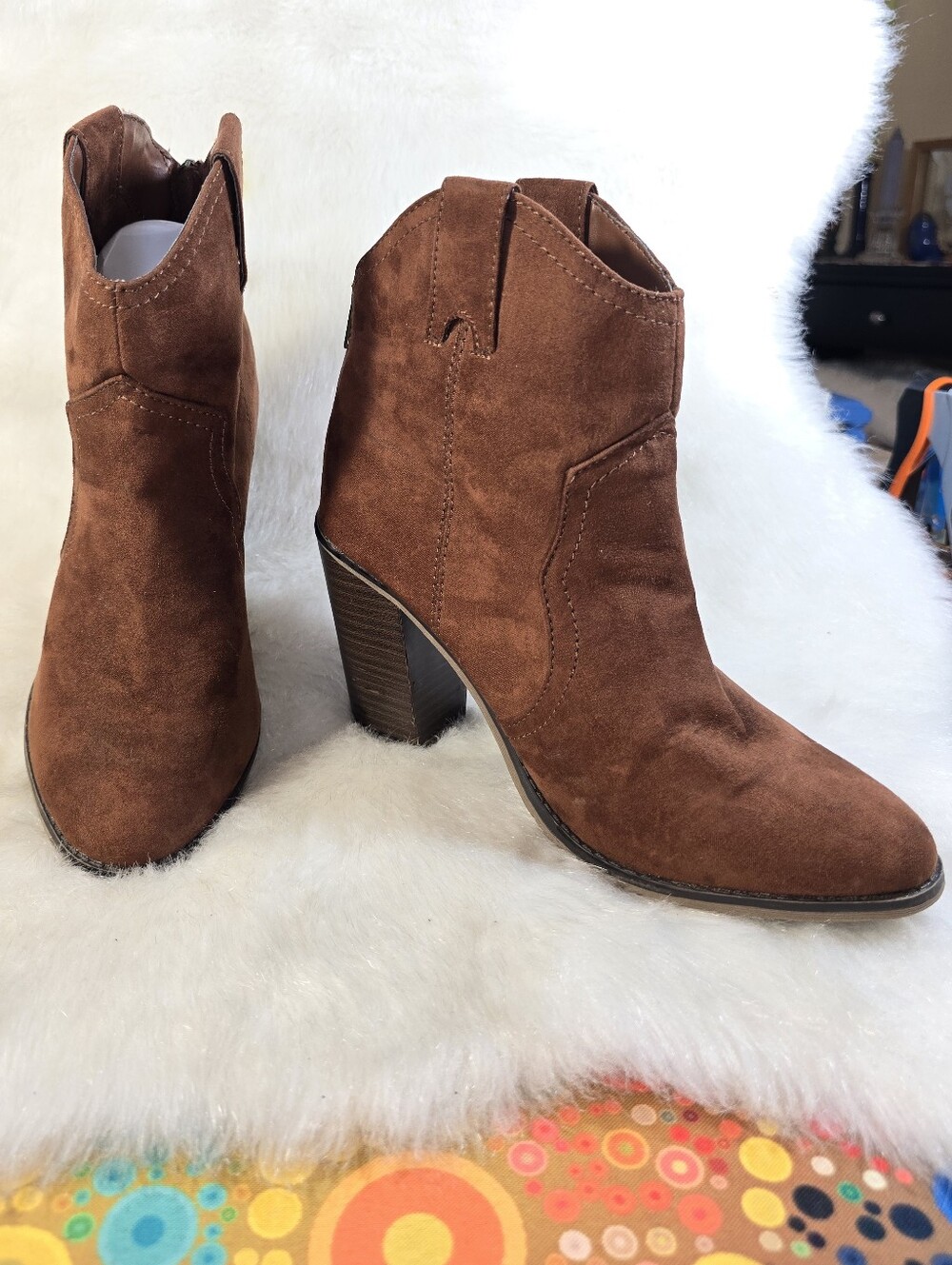Merona Rust Faux Suede Western-style Ankle Booties with Stacked Heel & Back Zip